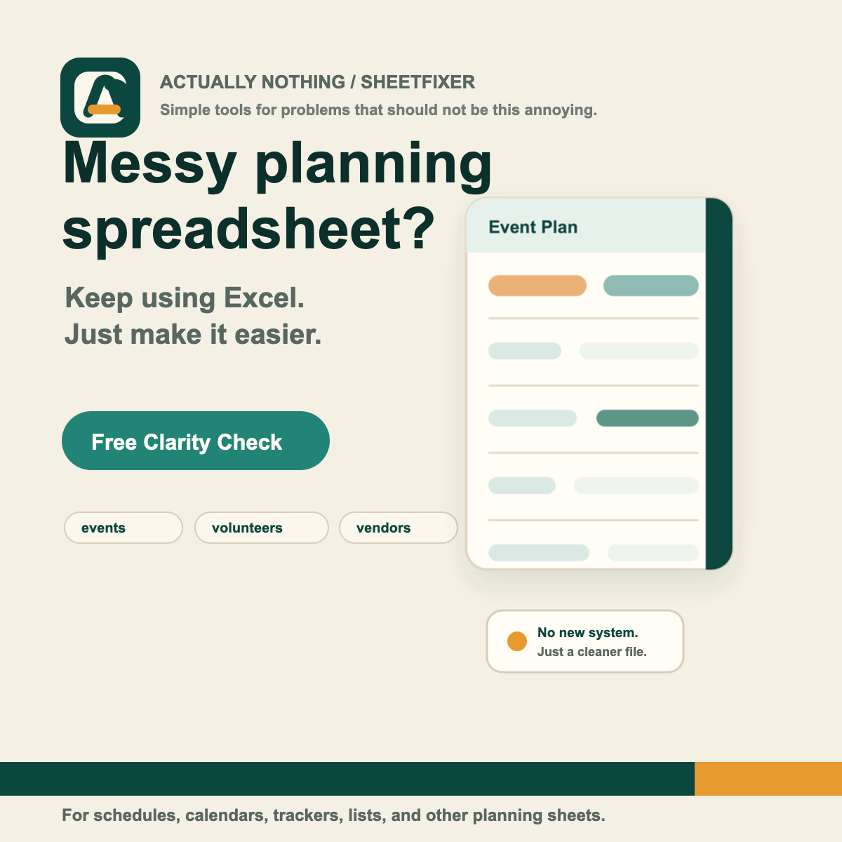 SheetFixer launch visual showing a cleaner planning spreadsheet